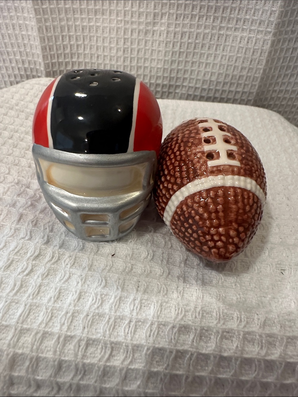 Ceramic Football Helmet & Football Salt and Pepper Shakers - Black, Red, Brown